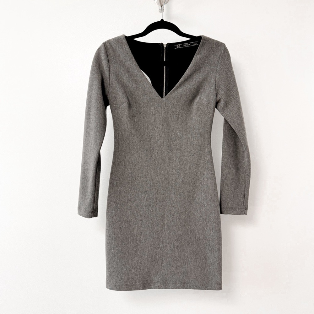 Zara Cut Out Back Long Sleeve Plunge Neck‎ Line Bodycon Mini Dress Gray Small